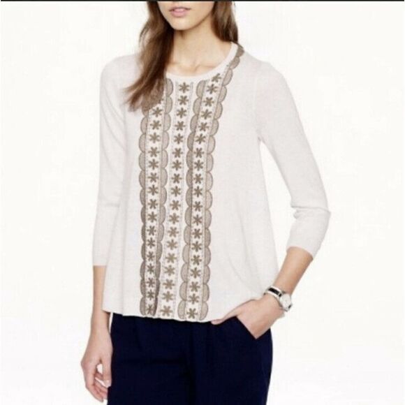 J. CREW Womens S Beige Embroidered Sweater Merino Wool Side Flare Loose Fit - Picture 5 of 9